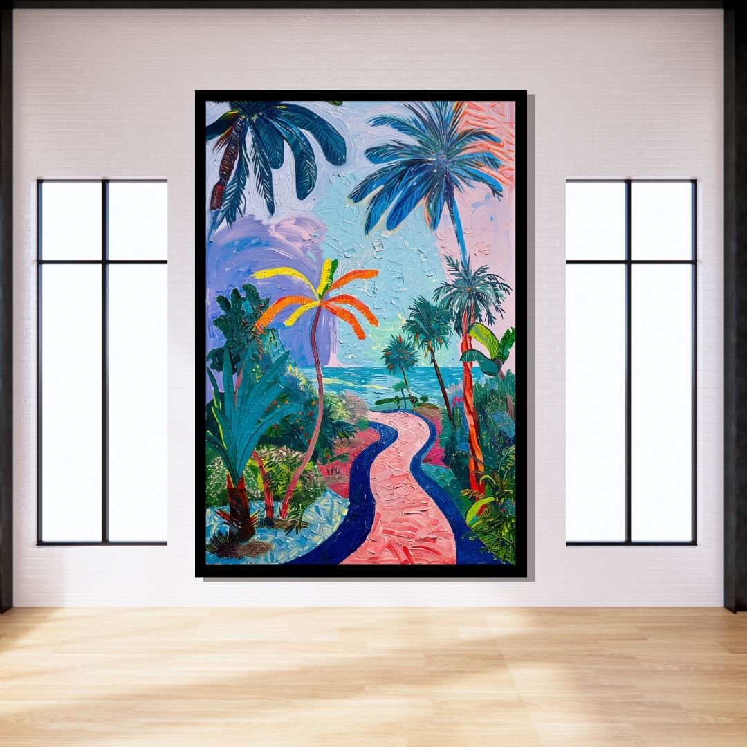 “Tropical Voyage” by ArtixHub – vibrant canvas wall art showcasing a dreamy tropical path lined with pink and coral palm trees, leading to a hazy horizon under a glowing sky. Ideal for bedrooms, wellness spaces, or entryways, this piece brings wanderlust, warmth, and exotic charm to UAE homes with bold, nature-inspired aesthetics.