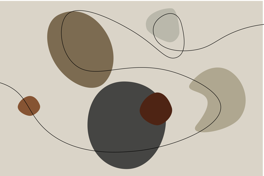 “Tundra” by Clara Moret – minimalist abstract artwork with overlapping brown, taupe, charcoal, and neutral-toned shapes intersected by flowing black linework on a beige background.