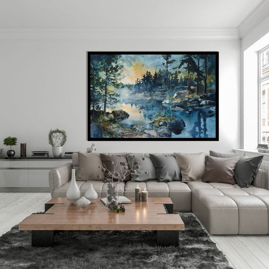 “Twilight Tranquility” by ArtixHub – landscape canvas wall art portraying a peaceful river cutting through a rocky forest at sunset, with golden skies and misty trees. Ideal for bedrooms, wellness corners, or lounge spaces, this serene piece brings harmony and grounded warmth to UAE homes inspired by nature’s quiet beauty.