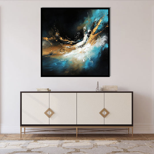 “Undercurrent” by Valerii – surreal abstract canvas art with swirling teal, gold, and black brushstrokes capturing emotional energy in motion. Limited edition at www.artixhub.com