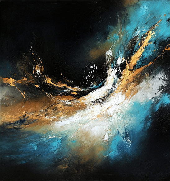 “Undercurrent” by Valerii – surreal abstract canvas art with swirling teal, gold, and black brushstrokes capturing emotional energy in motion. Limited edition at www.artixhub.com