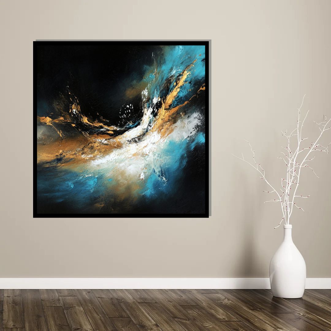 “Undercurrent” by Valerii – surreal abstract canvas art with swirling teal, gold, and black brushstrokes capturing emotional energy in motion. Limited edition at www.artixhub.com