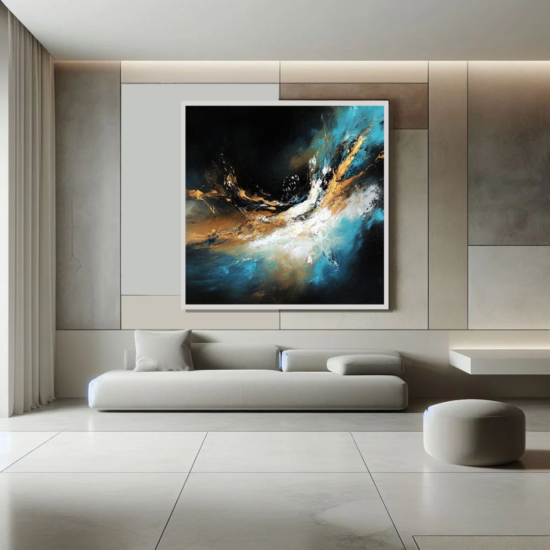 “Undercurrent” by Valerii – surreal abstract canvas art with swirling teal, gold, and black brushstrokes capturing emotional energy in motion. Limited edition at www.artixhub.com
