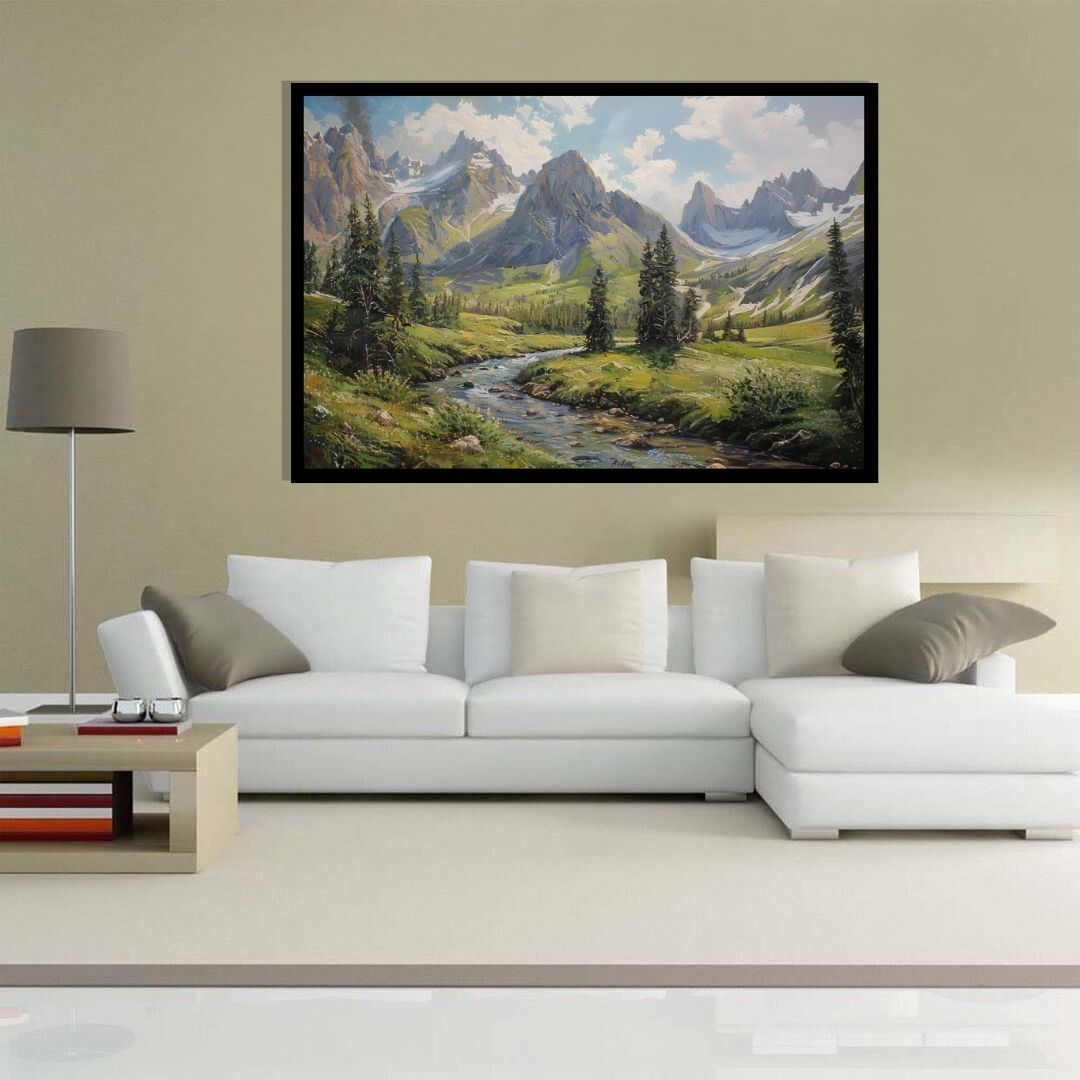 “Valley of Dreams” by ArtixHub – landscape canvas wall art portraying a lush green valley with a flowing river and majestic mountains in soft blue and sage tones. Ideal for bedrooms, wellness spaces, or reading nooks, this tranquil piece brings natural beauty and peace to UAE homes with a serene, scenic aesthetic.