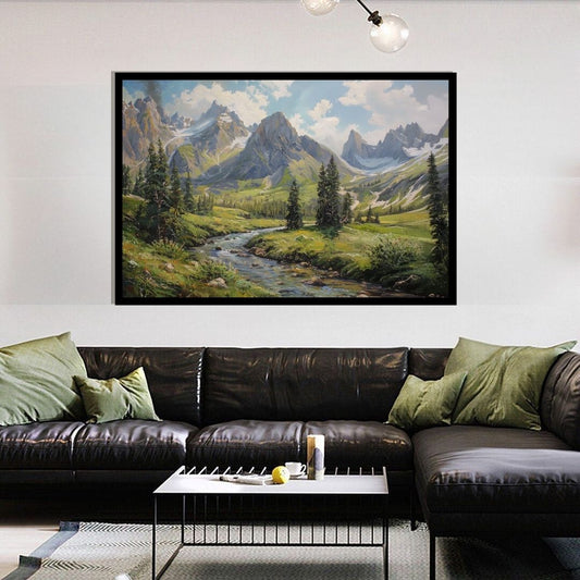 “Valley of Dreams” by ArtixHub – landscape canvas wall art portraying a lush green valley with a flowing river and majestic mountains in soft blue and sage tones. Ideal for bedrooms, wellness spaces, or reading nooks, this tranquil piece brings natural beauty and peace to UAE homes with a serene, scenic aesthetic.