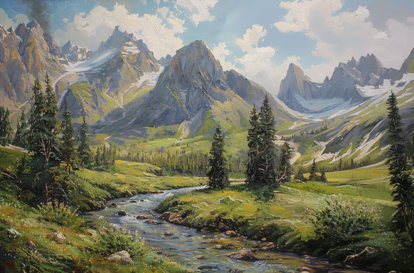 “Valley of Dreams” by ArtixHub – landscape canvas wall art portraying a lush green valley with a flowing river and majestic mountains in soft blue and sage tones. Ideal for bedrooms, wellness spaces, or reading nooks, this tranquil piece brings natural beauty and peace to UAE homes with a serene, scenic aesthetic.