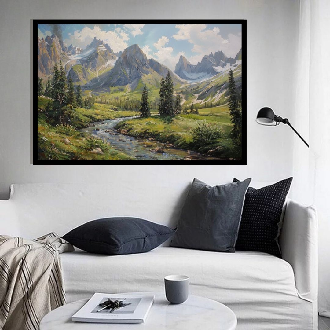 “Valley of Dreams” by ArtixHub – landscape canvas wall art portraying a lush green valley with a flowing river and majestic mountains in soft blue and sage tones. Ideal for bedrooms, wellness spaces, or reading nooks, this tranquil piece brings natural beauty and peace to UAE homes with a serene, scenic aesthetic.