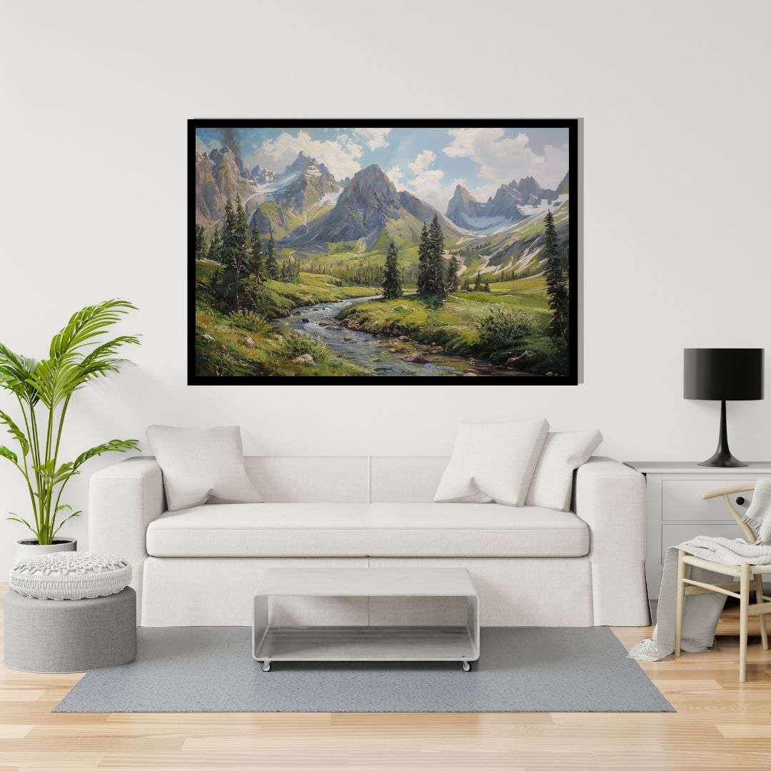 “Valley of Dreams” by ArtixHub – landscape canvas wall art portraying a lush green valley with a flowing river and majestic mountains in soft blue and sage tones. Ideal for bedrooms, wellness spaces, or reading nooks, this tranquil piece brings natural beauty and peace to UAE homes with a serene, scenic aesthetic.