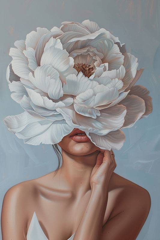 “Veiled Blossom” by ArtixHub – figurative canvas wall art blending realism and surrealism, featuring a soft-toned female portrait where a white flower blooms across her eyes. Ideal for bedrooms, dressing rooms, or lounge areas, this elegant piece adds quiet emotion and symbolic beauty to UAE homes with an introspective artistic soul.