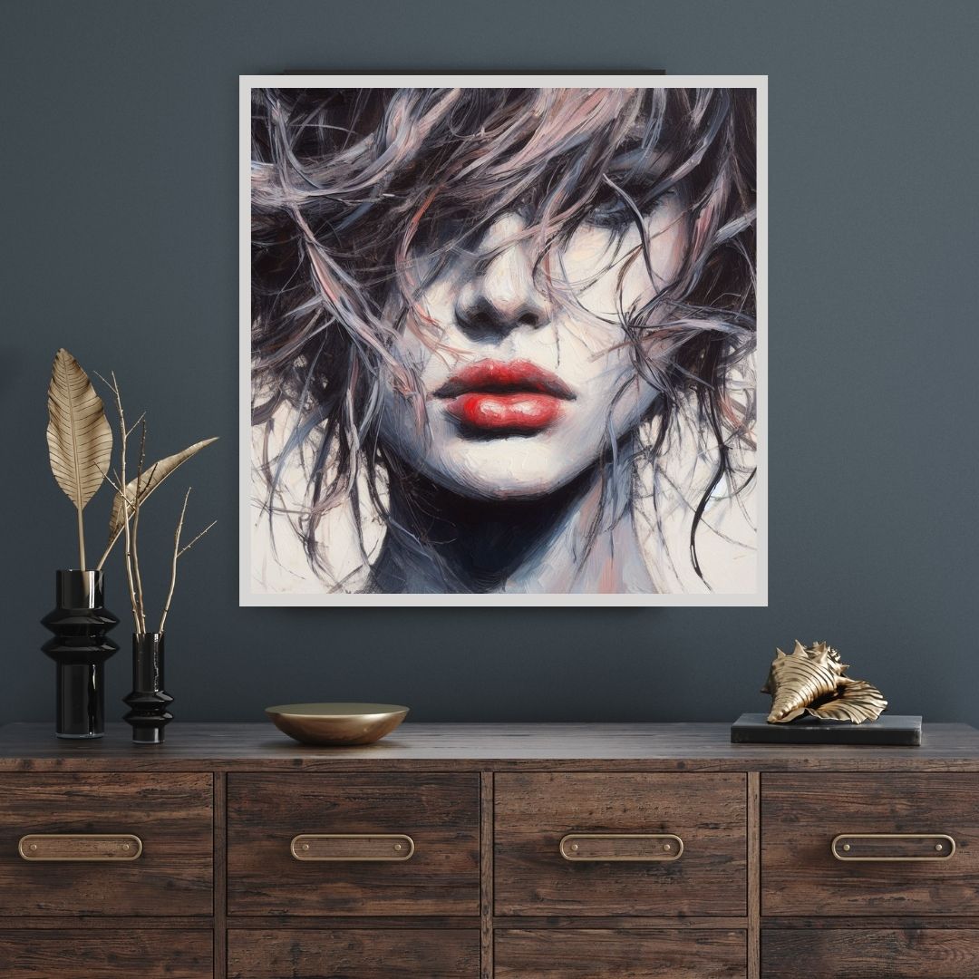 “Veiled Glance” by ArtixHub – figurative canvas wall art portraying a woman partially obscured behind a vibrant red veil, with expressive eyes and stylized detailing in muted tones. Ideal for dressing rooms, bedrooms, or lounge spaces, this artwork adds elegance, mystery, and allure to UAE homes with a touch of cultural sophistication.