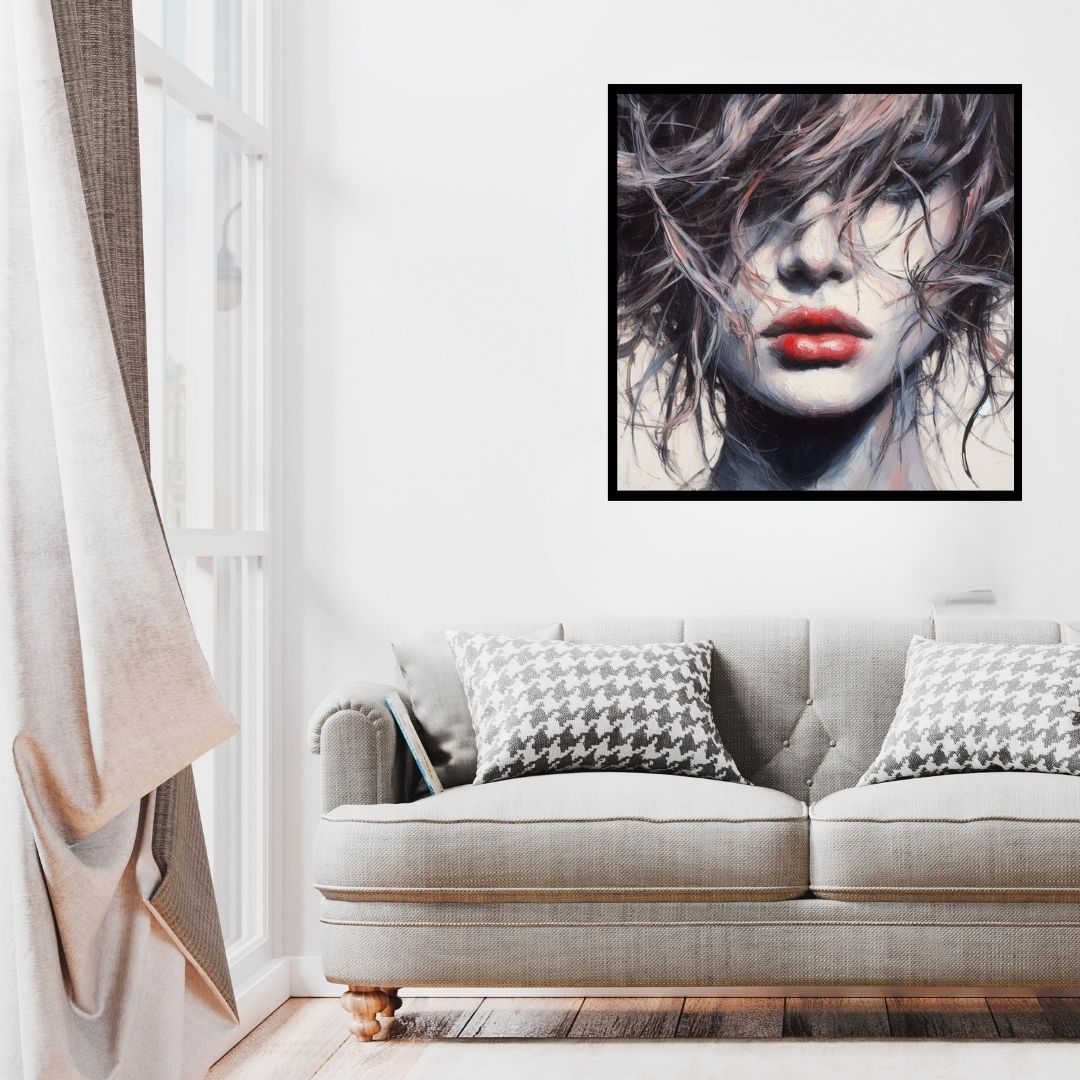 “Veiled Glance” by ArtixHub – figurative canvas wall art portraying a woman partially obscured behind a vibrant red veil, with expressive eyes and stylized detailing in muted tones. Ideal for dressing rooms, bedrooms, or lounge spaces, this artwork adds elegance, mystery, and allure to UAE homes with a touch of cultural sophistication.