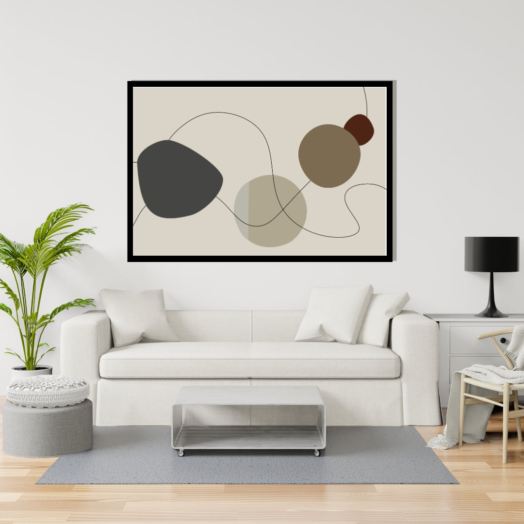 “Velin” by Clara Moret – abstract minimalist artwork with soft organic shapes in charcoal, taupe, olive, and beige, joined by fluid black linework on a muted background.