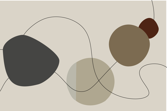 “Velin” by Clara Moret – abstract minimalist artwork with soft organic shapes in charcoal, taupe, olive, and beige, joined by fluid black linework on a muted background.