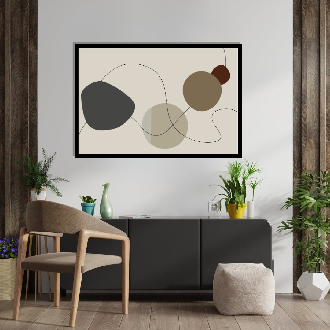 “Velin” by Clara Moret – abstract minimalist artwork with soft organic shapes in charcoal, taupe, olive, and beige, joined by fluid black linework on a muted background.