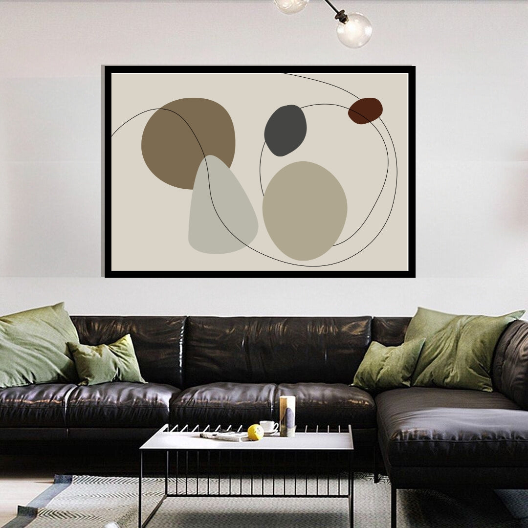 “Velora” by Clara Moret – abstract minimalist artwork with muted earth tones, geometric organic forms, and flowing black lines on a beige background.