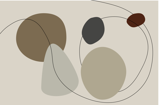 “Velora” by Clara Moret – abstract minimalist artwork with muted earth tones, geometric organic forms, and flowing black lines on a beige background.