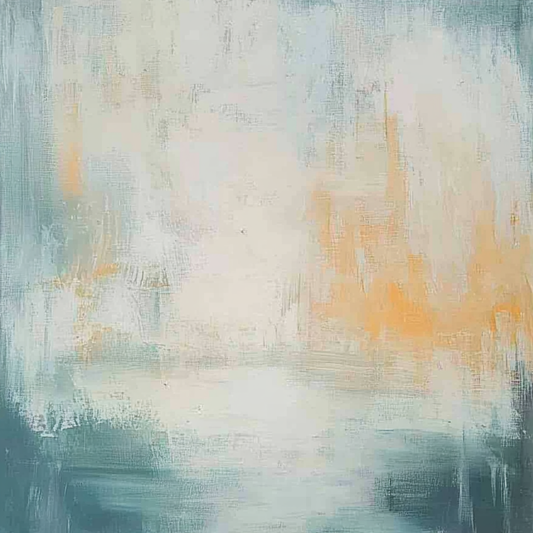 “Verde Tide” by Sarah Lemaire – minimalist abstract painting in turquoise, ochre, and white, inspired by natural water movement and earthy calm