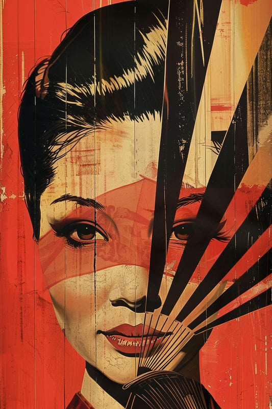 “Vermilion Veil” by ArtixHub – figurative canvas wall art showcasing an elegant woman partially veiled behind a deep red fan, with traditional Asian influence and minimalist styling. Ideal for dressing rooms, studios, or wellness corners, this graceful portrait adds sophistication and cultural charm to UAE homes with refined artistic taste.