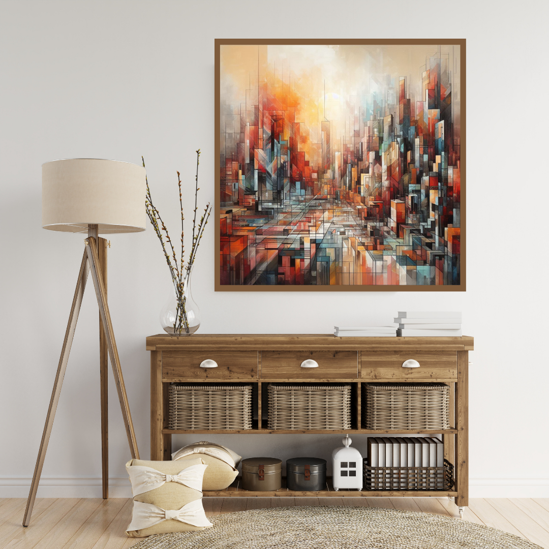 “Vivid Horizons” by ArtixHub – abstract canvas wall art featuring layered tones of crimson, orange, peach, and violet, echoing a bold and artistic interpretation of a glowing horizon. Ideal for dining rooms, lounge areas, or modern hallways, this radiant piece infuses UAE interiors with warmth, energy, and a sense of colorful calm.