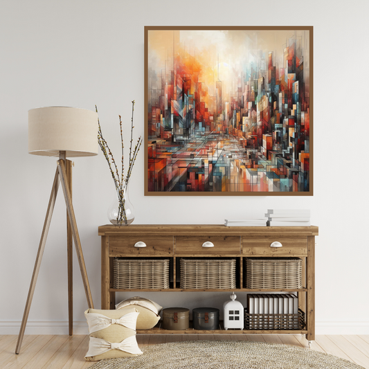 “Vivid Horizons” by ArtixHub, abstract canvas wall art featuring layered tones of crimson and orange