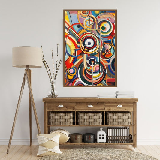 “Whimsical Orbits” by ArtixHub – abstract canvas wall art featuring playful circular patterns in vibrant tones of teal, yellow, and rose, arranged with rhythmic balance and charm. Ideal for game rooms, studios, or modern hallways, this joyful piece adds lighthearted motion and contemporary flair to UAE homes with creative energy.