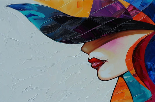 “Whispers of Charisma” by ArtixHub – figurative canvas wall art featuring a confident woman in a bold hat, her silhouette radiating elegance through expressive brushwork and vibrant tones. Ideal for dressing rooms, studios, or lounge spaces, this captivating portrait brings high-fashion flair and vibrant poise to UAE interiors with charisma and color.