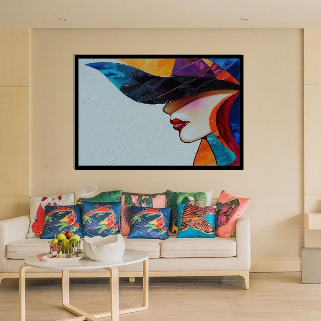 “Whispers of Charisma” by ArtixHub – figurative canvas wall art featuring a confident woman in a bold hat, her silhouette radiating elegance through expressive brushwork and vibrant tones. Ideal for dressing rooms, studios, or lounge spaces, this captivating portrait brings high-fashion flair and vibrant poise to UAE interiors with charisma and color.