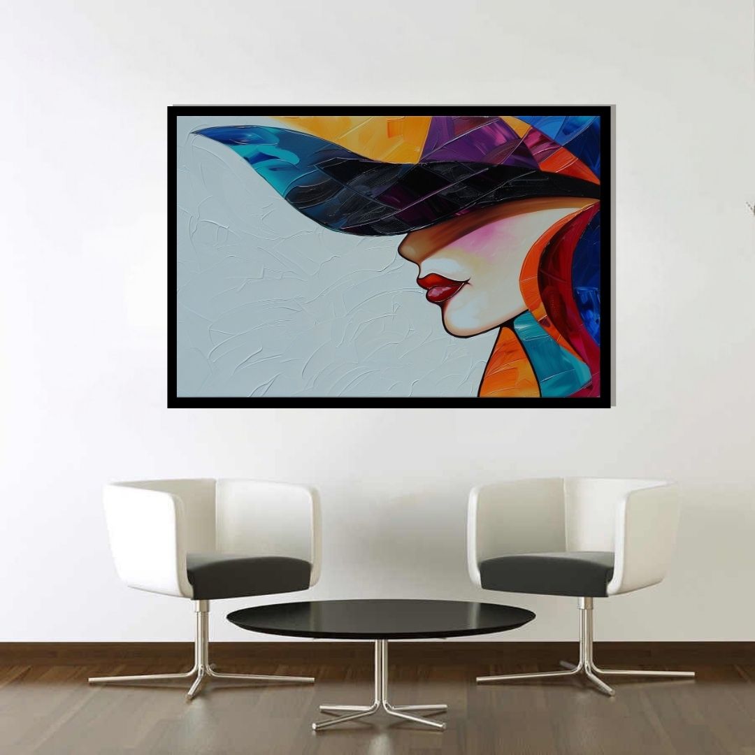 “Whispers of Charisma” by ArtixHub – figurative canvas wall art featuring a confident woman in a bold hat, her silhouette radiating elegance through expressive brushwork and vibrant tones. Ideal for dressing rooms, studios, or lounge spaces, this captivating portrait brings high-fashion flair and vibrant poise to UAE interiors with charisma and color.