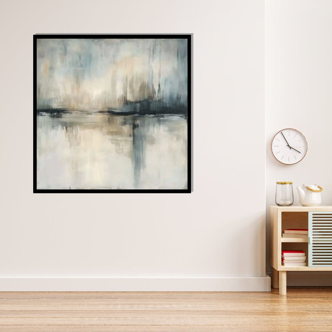 “Whispers on Water” by Sarah Lemaire – abstract horizon painting with ivory, slate blue, and beige tones, evoking calm waters and mirrored reflections in minimalist style.