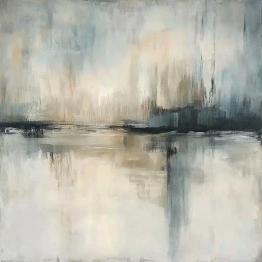 “Whispers on Water” by Sarah Lemaire – abstract horizon painting with ivory, slate blue, and beige tones, evoking calm waters and mirrored reflections in minimalist style.