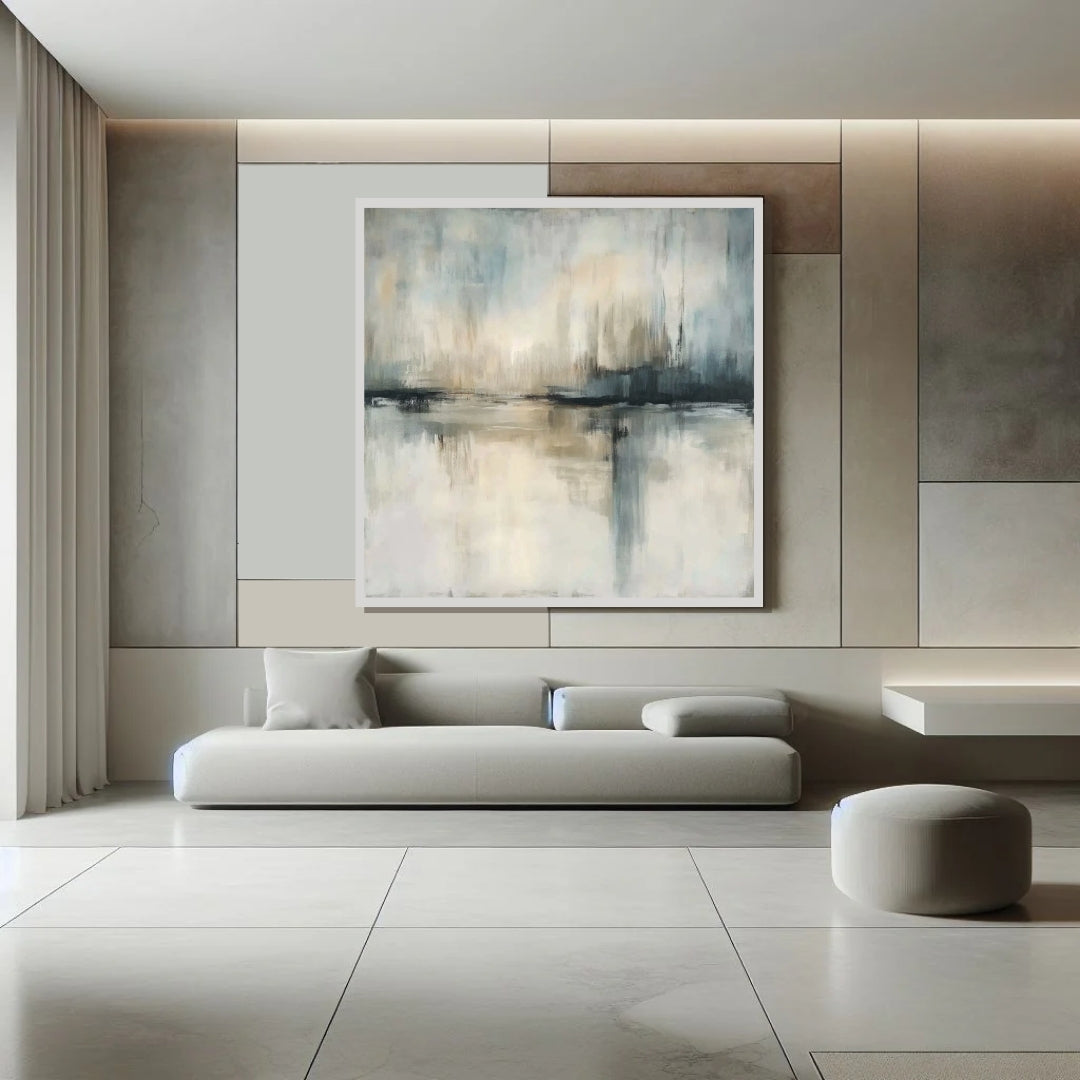 “Whispers on Water” by Sarah Lemaire – abstract horizon painting with ivory, slate blue, and beige tones, evoking calm waters and mirrored reflections in minimalist style.