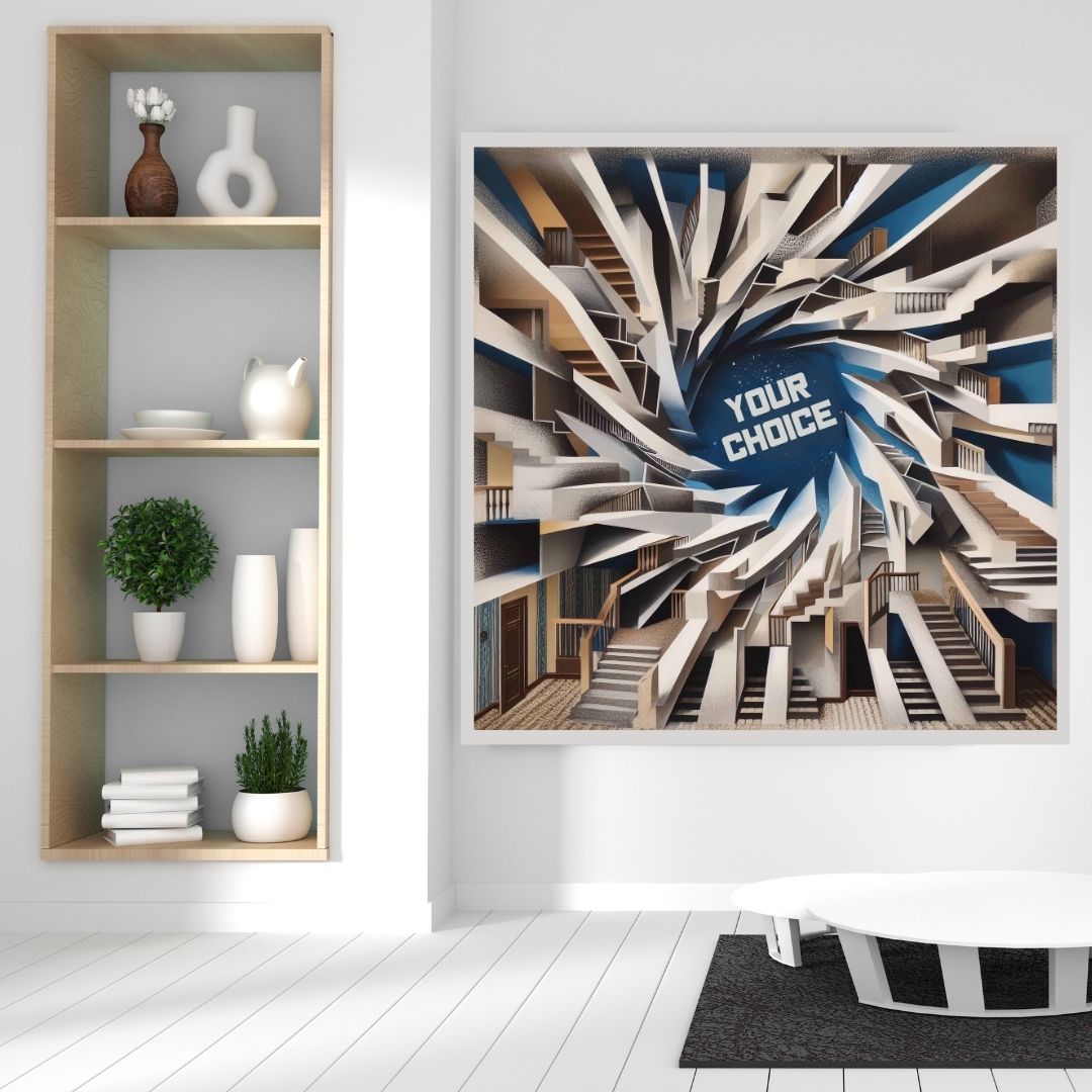 “Your Choice” by ArtixHub – figurative and typographic canvas wall art featuring bold stencil-style lettering alongside a dynamic female figure in grayscale and red tones. Ideal for studios, offices, or game rooms, this empowering artwork combines attitude and expression — perfect for UAE interiors with a strong, modern voice.