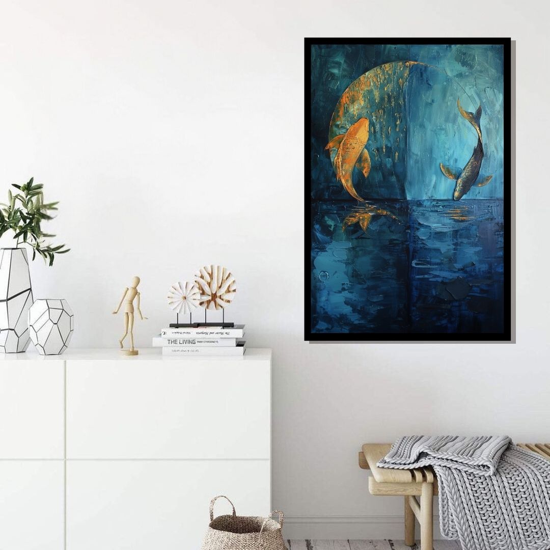 “Zen Water Dance” by ArtixHub – abstract canvas wall art symbolizing yin and yang through splashing water forms in mirrored black and white tones, featuring hidden koi fish and spiritual harmony. Ideal for wellness spaces, studios, or bedrooms, this calming artwork brings balance and mindfulness to UAE homes rooted in peaceful, intentional design.