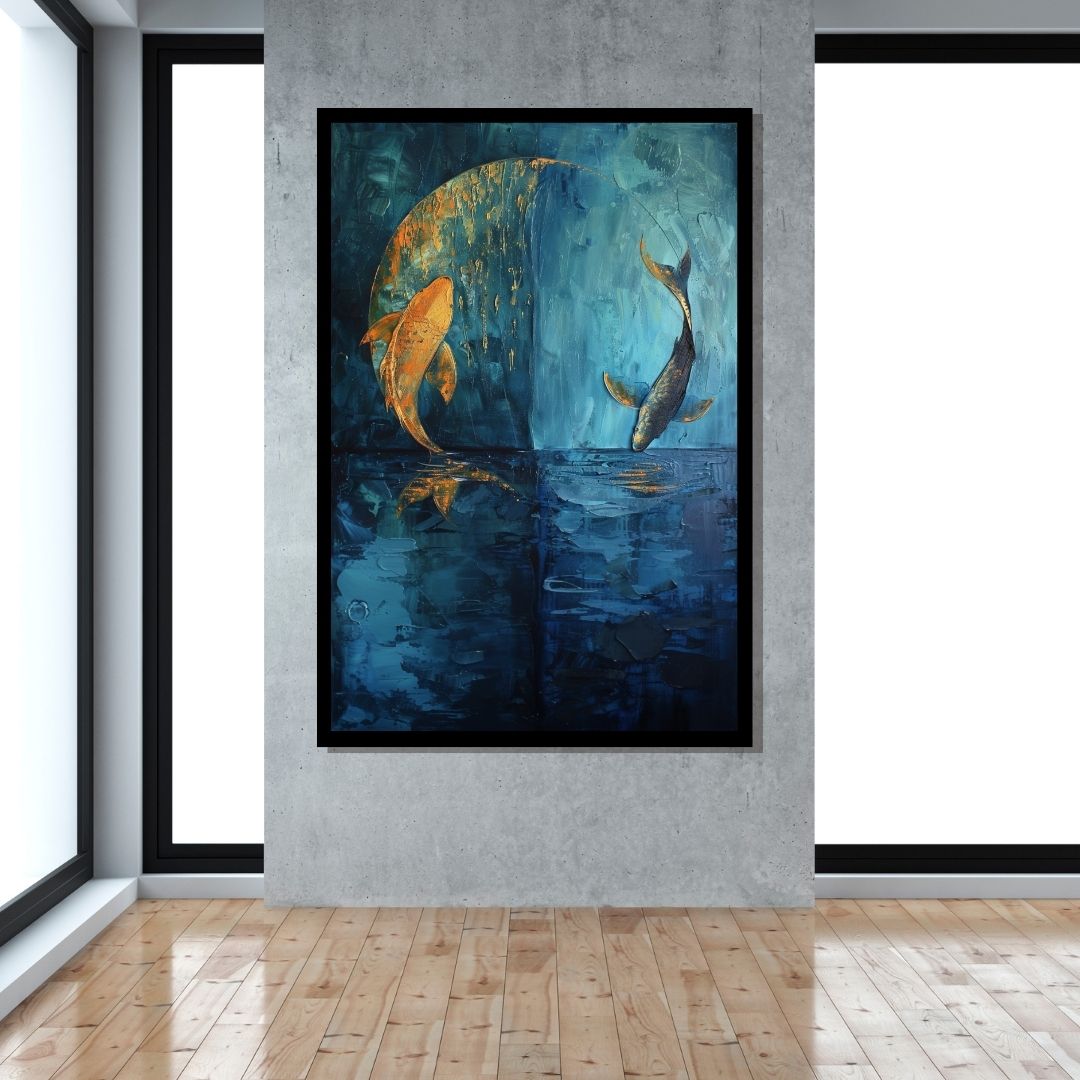 “Zen Water Dance” by ArtixHub – abstract canvas wall art symbolizing yin and yang through splashing water forms in mirrored black and white tones, featuring hidden koi fish and spiritual harmony. Ideal for wellness spaces, studios, or bedrooms, this calming artwork brings balance and mindfulness to UAE homes rooted in peaceful, intentional design.