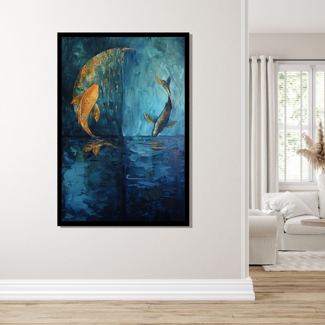 “Zen Water Dance” by ArtixHub – abstract canvas wall art symbolizing yin and yang through splashing water forms in mirrored black and white tones, featuring hidden koi fish and spiritual harmony. Ideal for wellness spaces, studios, or bedrooms, this calming artwork brings balance and mindfulness to UAE homes rooted in peaceful, intentional design.