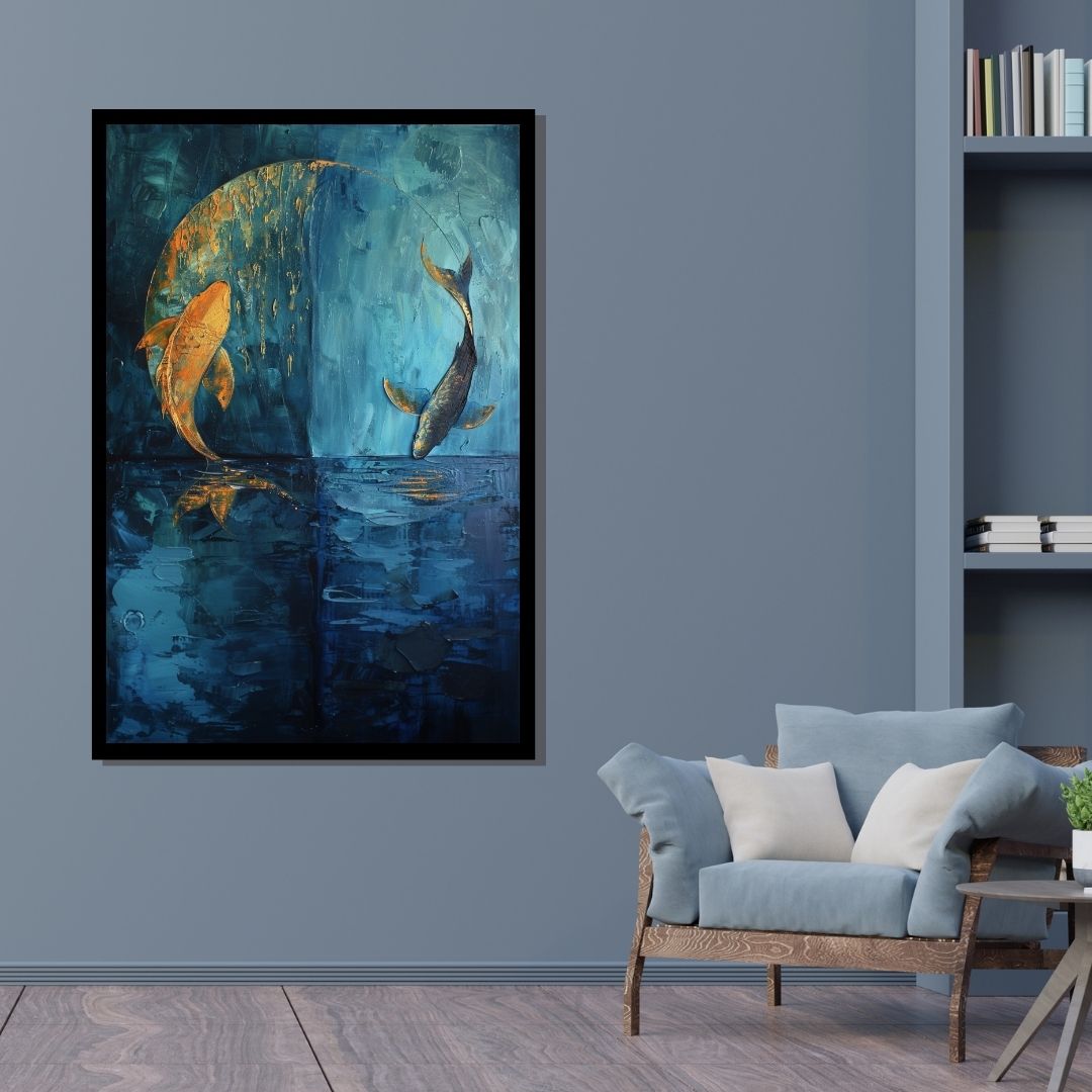 “Zen Water Dance” by ArtixHub – abstract canvas wall art symbolizing yin and yang through splashing water forms in mirrored black and white tones, featuring hidden koi fish and spiritual harmony. Ideal for wellness spaces, studios, or bedrooms, this calming artwork brings balance and mindfulness to UAE homes rooted in peaceful, intentional design.