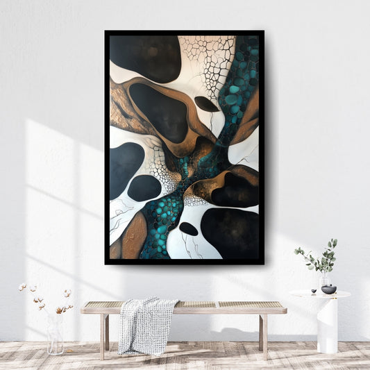 Abyss Flow – abstract surrealist painting with black voids, turquoise cell patterns, and golden earth tones, available on ArtixHub