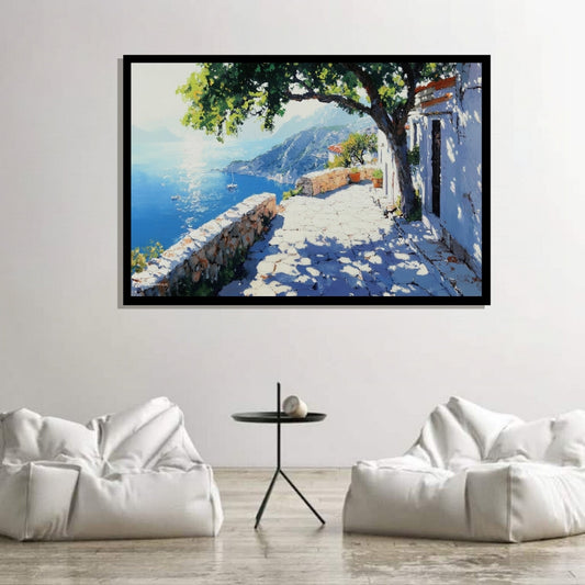 Aegean Alley, impressionist painting of a Greek alley with stone walls and potted plants