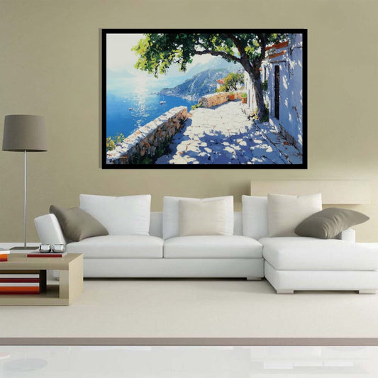 Aegean Alley – impressionist painting of a Greek alley with stone walls, potted plants, and a view of the Aegean Sea, available on ArtixHub