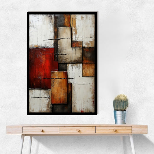 Aged in Structure – abstract textured wall art with layered rectangles in bronze, red, and beige tones from ArtixHub