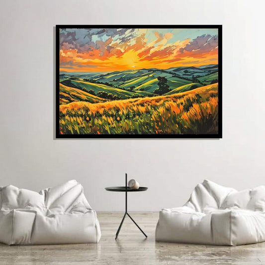 "Amber Fields", realist canvas wall art in black and blue tones