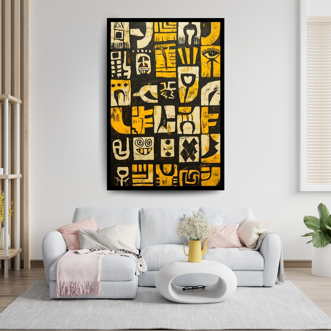 Patterned fabric with abstract designs in yellow, white, and black on a black background. Ancestral Frequency – abstract tribal typography painting in golden yellow and black by African artist Amina Diallo
