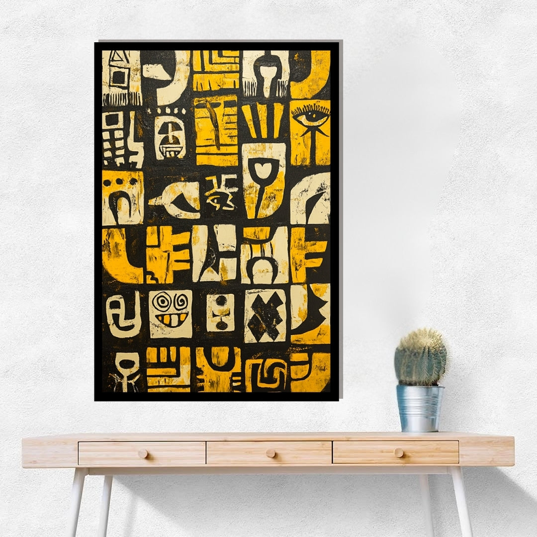 Patterned fabric with abstract designs in yellow, white, and black on a black background. Ancestral Frequency – abstract tribal typography painting in golden yellow and black by African artist Amina Diallo