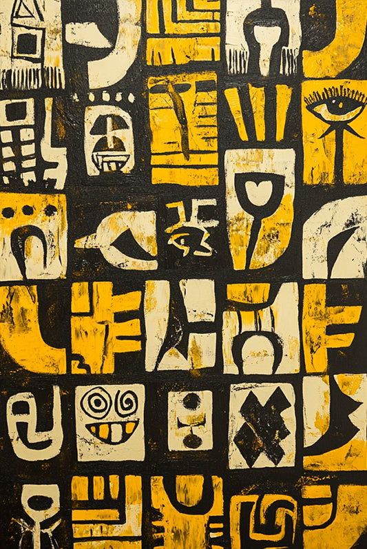 Patterned fabric with abstract designs in yellow, white, and black on a black background. Ancestral Frequency – abstract tribal typography painting in golden yellow and black by African artist Amina Diallo