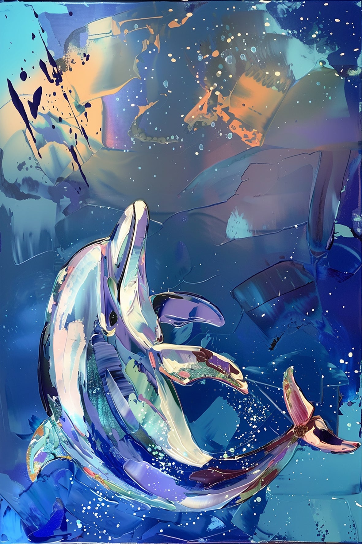 Aquatic Ballet – expressive painting of dolphins swimming in abstract blue ocean background, available on ArtixHub