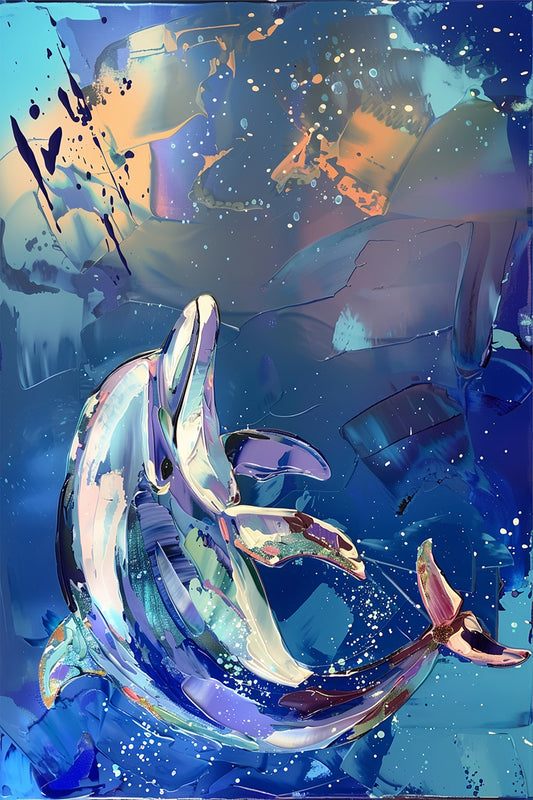 Aquatic Ballet, expressive painting of dolphins swimming in abstract blue ocean background
