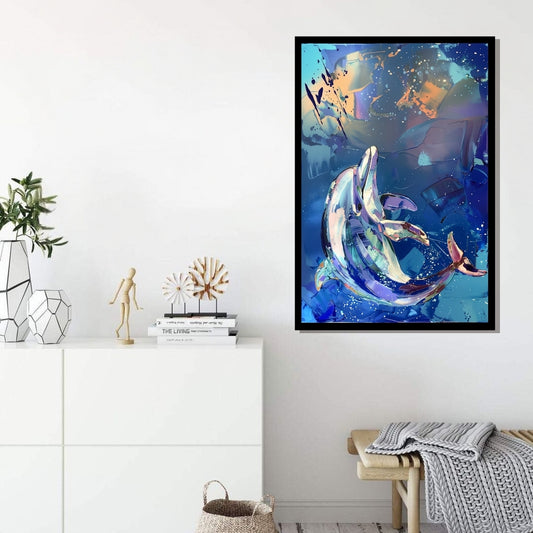 Aquatic Ballet – expressive painting of dolphins swimming in abstract blue ocean background, available on ArtixHub