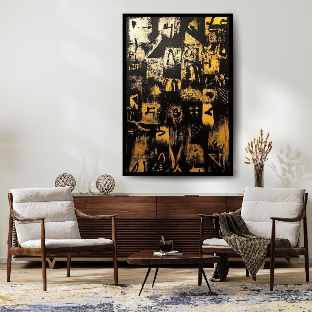 Abstract art with black and gold patterns on a textured background. Ashes of Language – abstract tribal glyph painting in black and golden yellow by African artist Amina Diallo