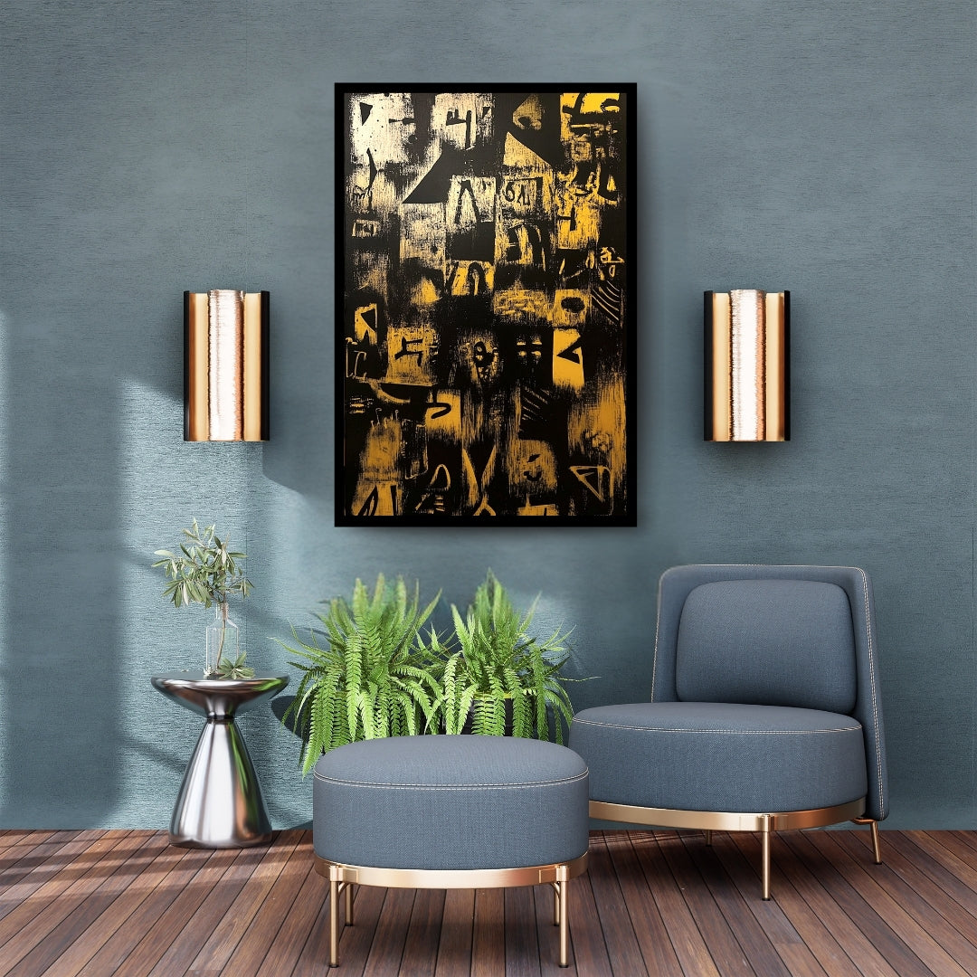 Abstract art with black and gold patterns on a textured background. Ashes of Language – abstract tribal glyph painting in black and golden yellow by African artist Amina Diallo