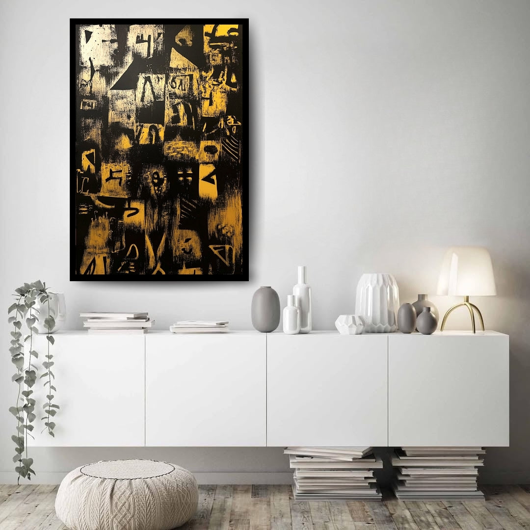 Abstract art with black and gold patterns on a textured background. Ashes of Language – abstract tribal glyph painting in black and golden yellow by African artist Amina Diallo